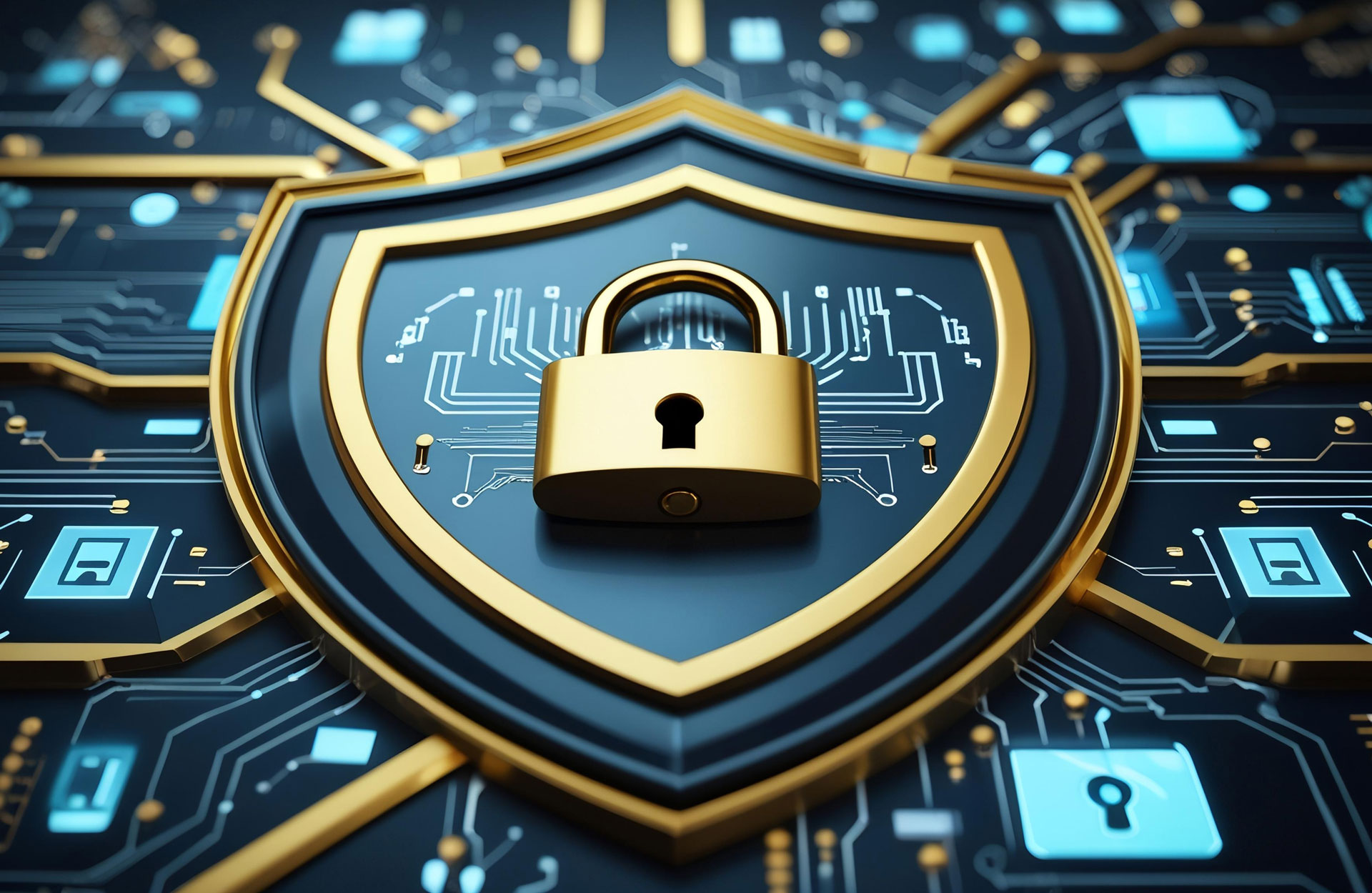 gold lock on security shield with technology icons around it